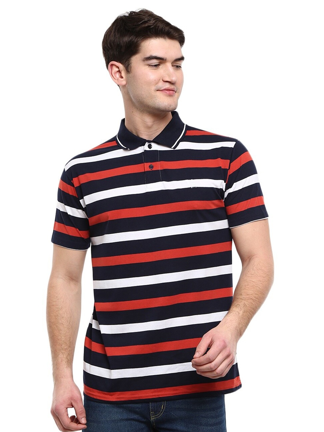 

V-Mart Men Black & Red Striped Polo Collar Applique T-shirt