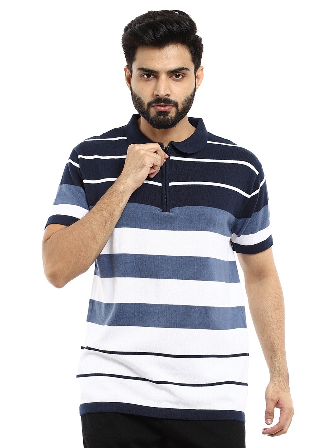 

V-Mart Men White & Blue Striped Polo Collar Cotton T-shirt