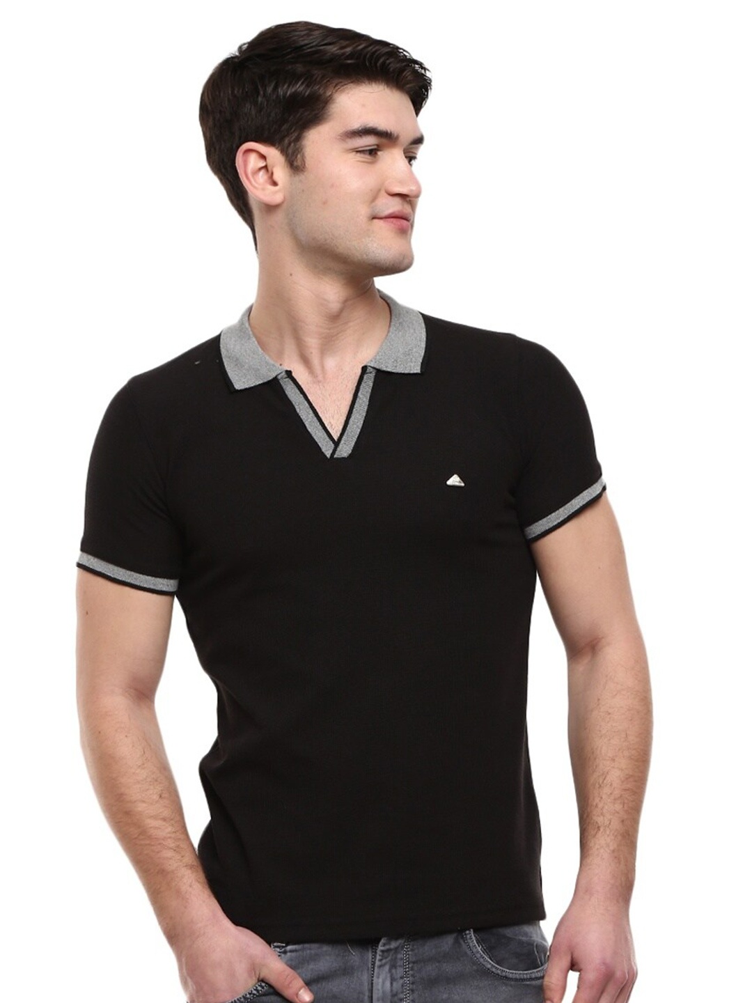 

V-Mart Men Black & Grey Pure Cotton Polo Collar T-shirt