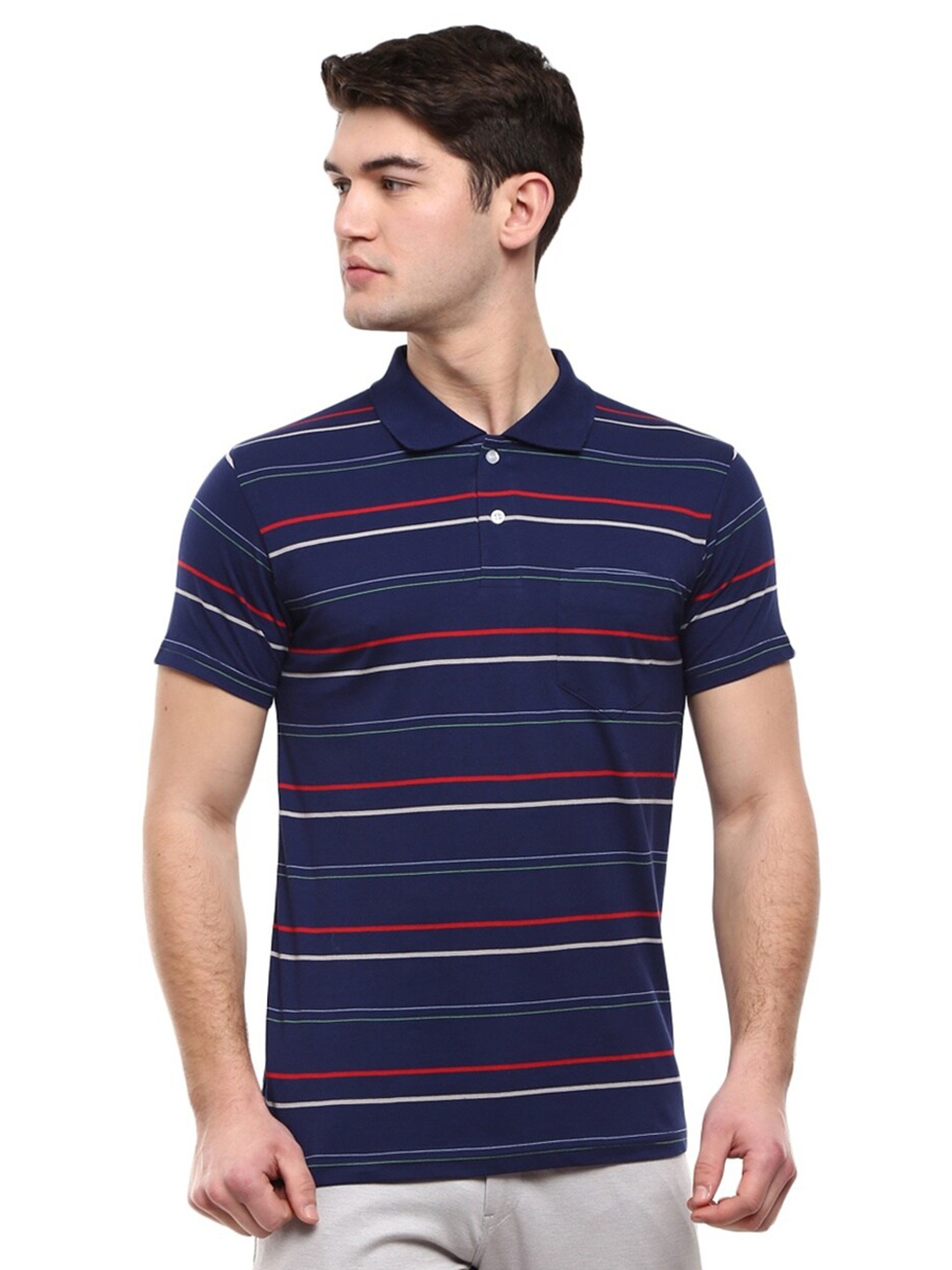 

V-Mart Men Navy Blue & Red Striped Polo Collar Slim Fit T-shirt