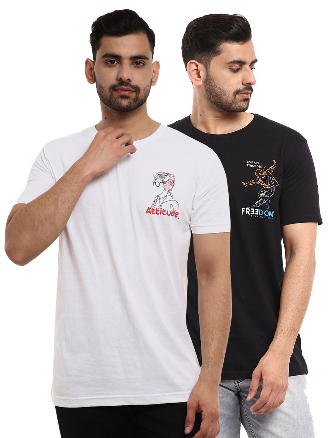 

V-Mart Men Pack of 2 Pure Cotton Printed T-shirts, Black