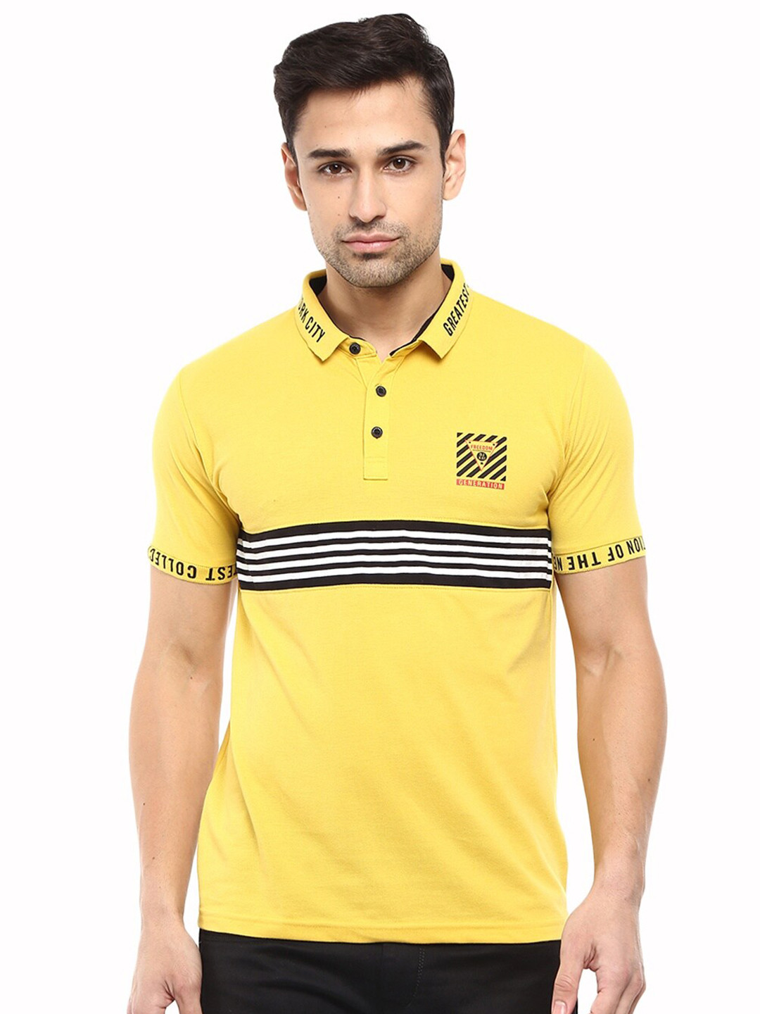 

V-Mart Men Yellow & Black Striped Polo Collar Slim Fit T-shirt