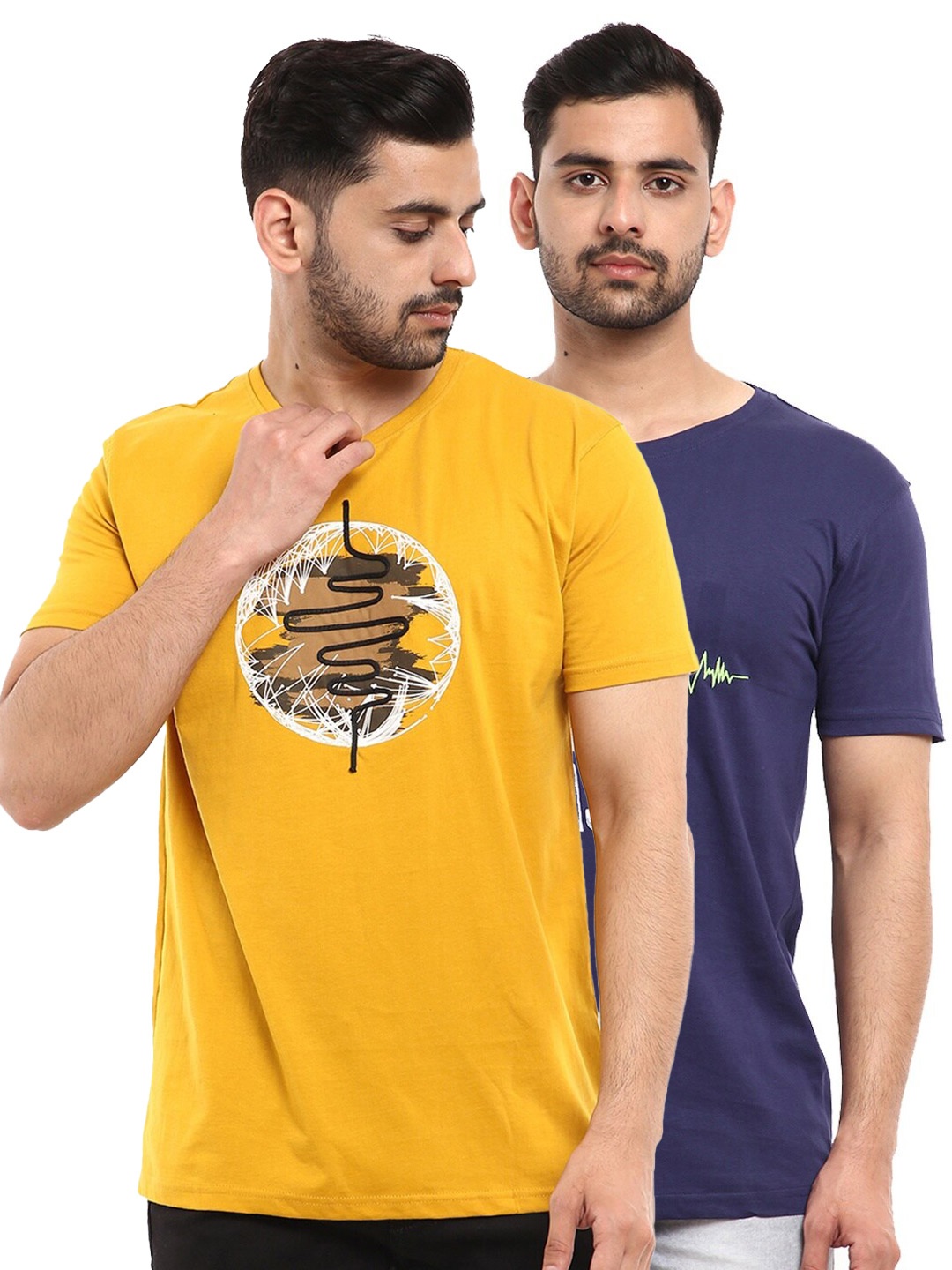

V-Mart Men Pack of 2 Printed Pure Cotton T-shirts, Mustard