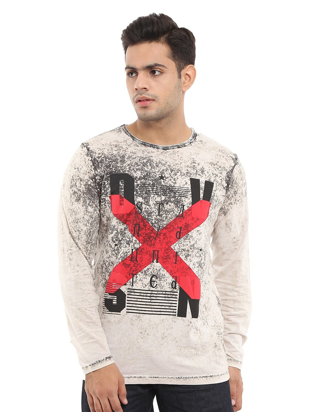 

V-Mart Men Off White & Grey Printed T-shirt