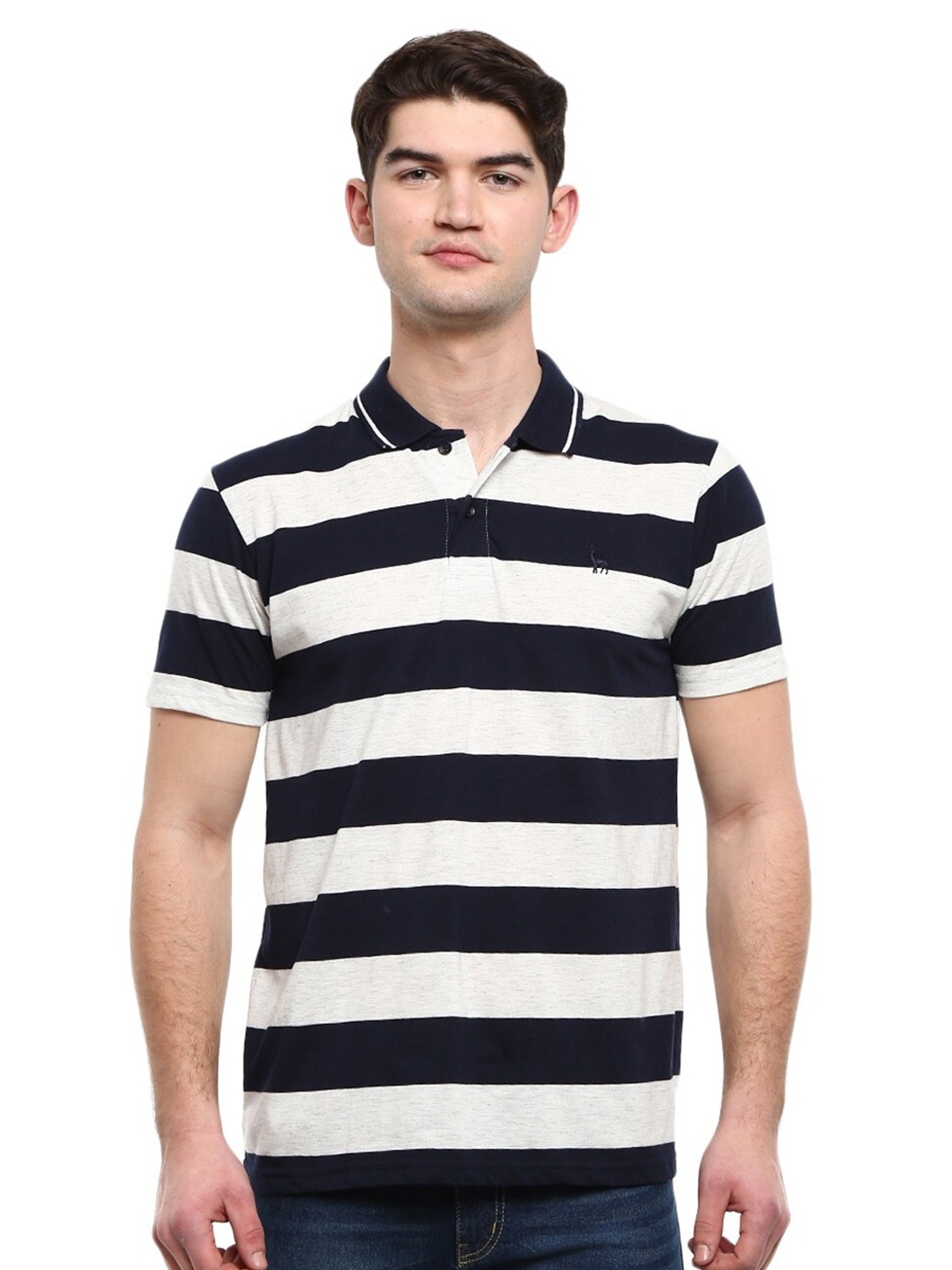 

V-Mart Men Navy Blue & Off-White Striped Polo Collar T-shirt