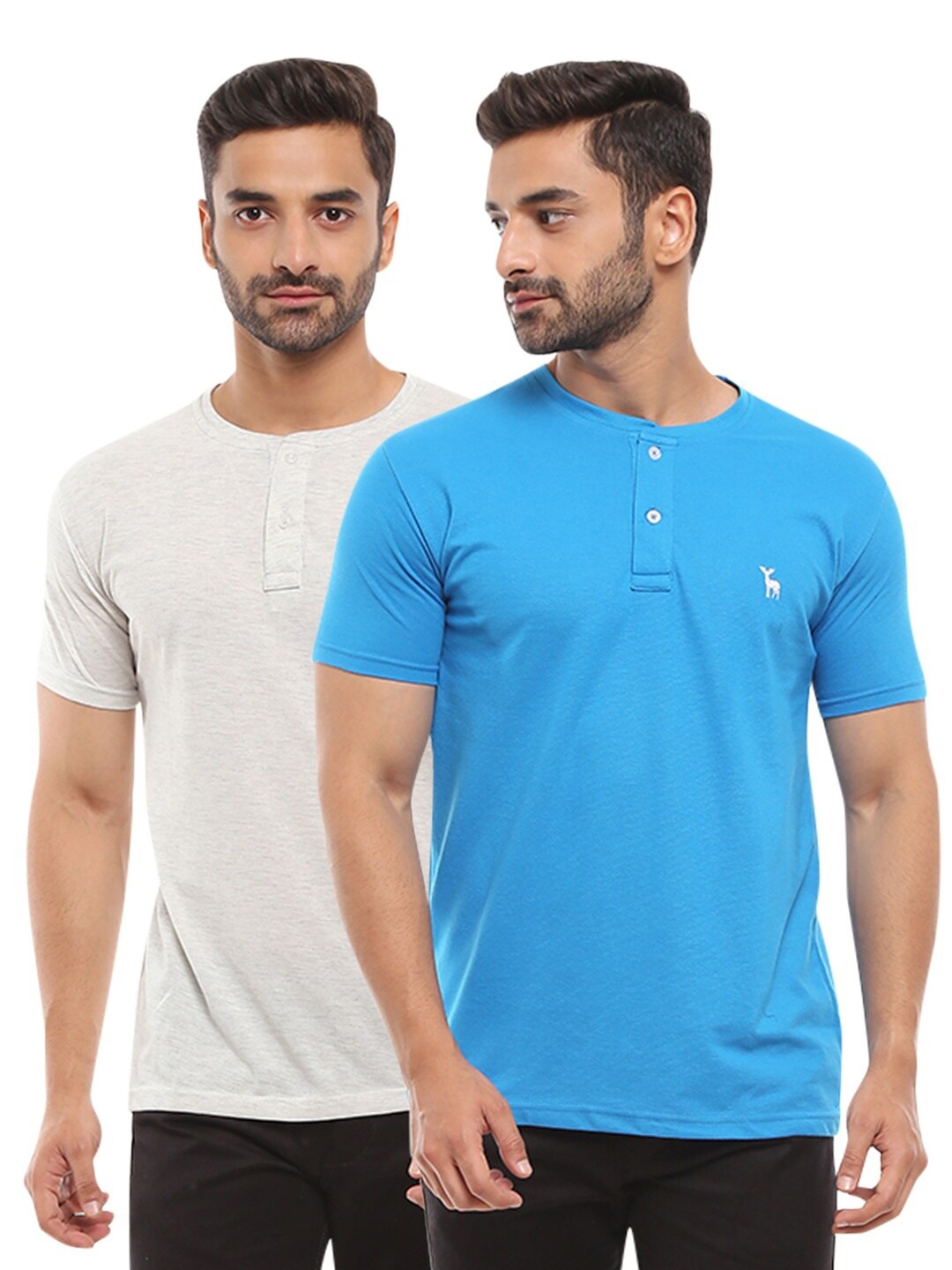 

V-Mart Men Blue & Cream-Coloured 2 Henley Neck T-shirt