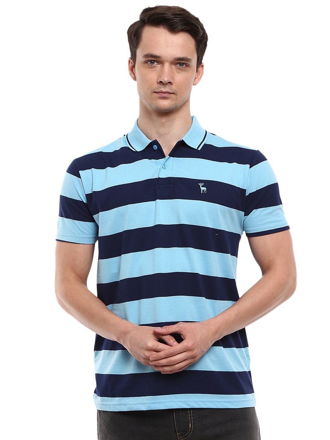 

V-Mart Men Blue Pure Cotton Striped Polo Collar T-shirt