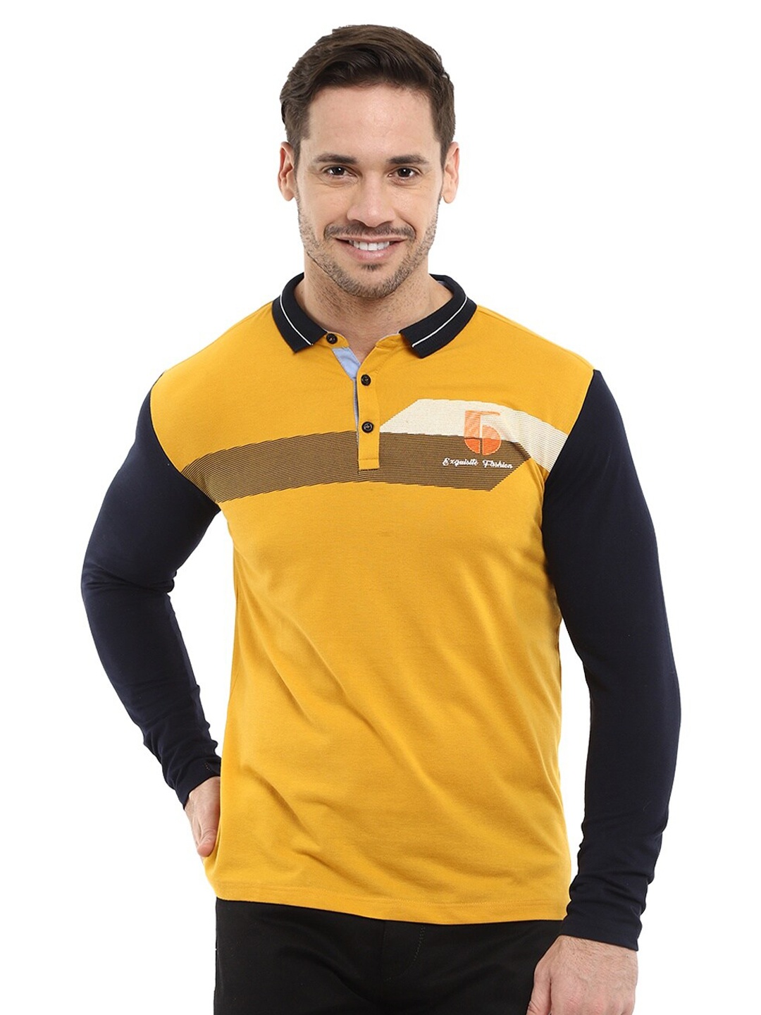 

V-Mart Men Mustard Yellow & Black Pure Cotton Striped Polo Collar Slim Fit T-shirt