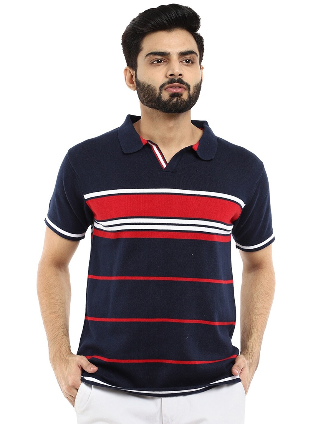

V-Mart Men Navy Blue & Red Striped Polo Collar Slim Fit Cotton T-shirt