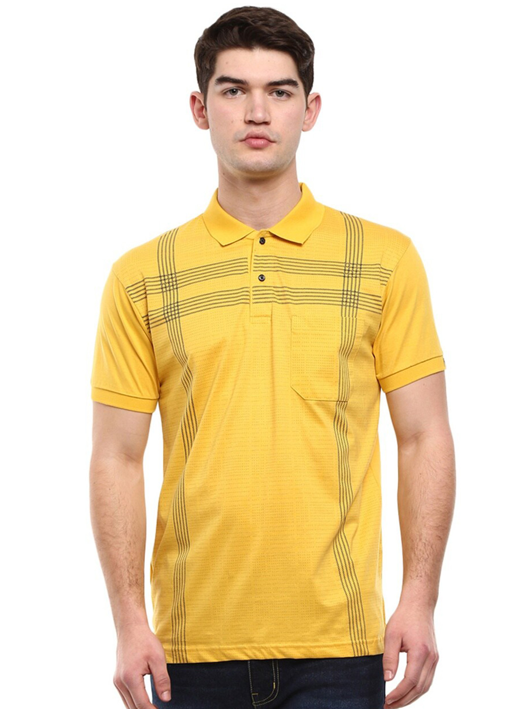 

V-Mart Men Mustard Yellow & Navy Blue Checked Polo Collar T-shirt