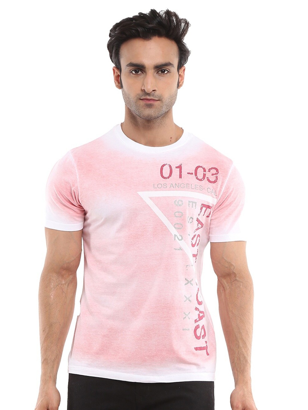 

V-Mart Men Pink & White Dyed Slim Fit Cotton T-shirt