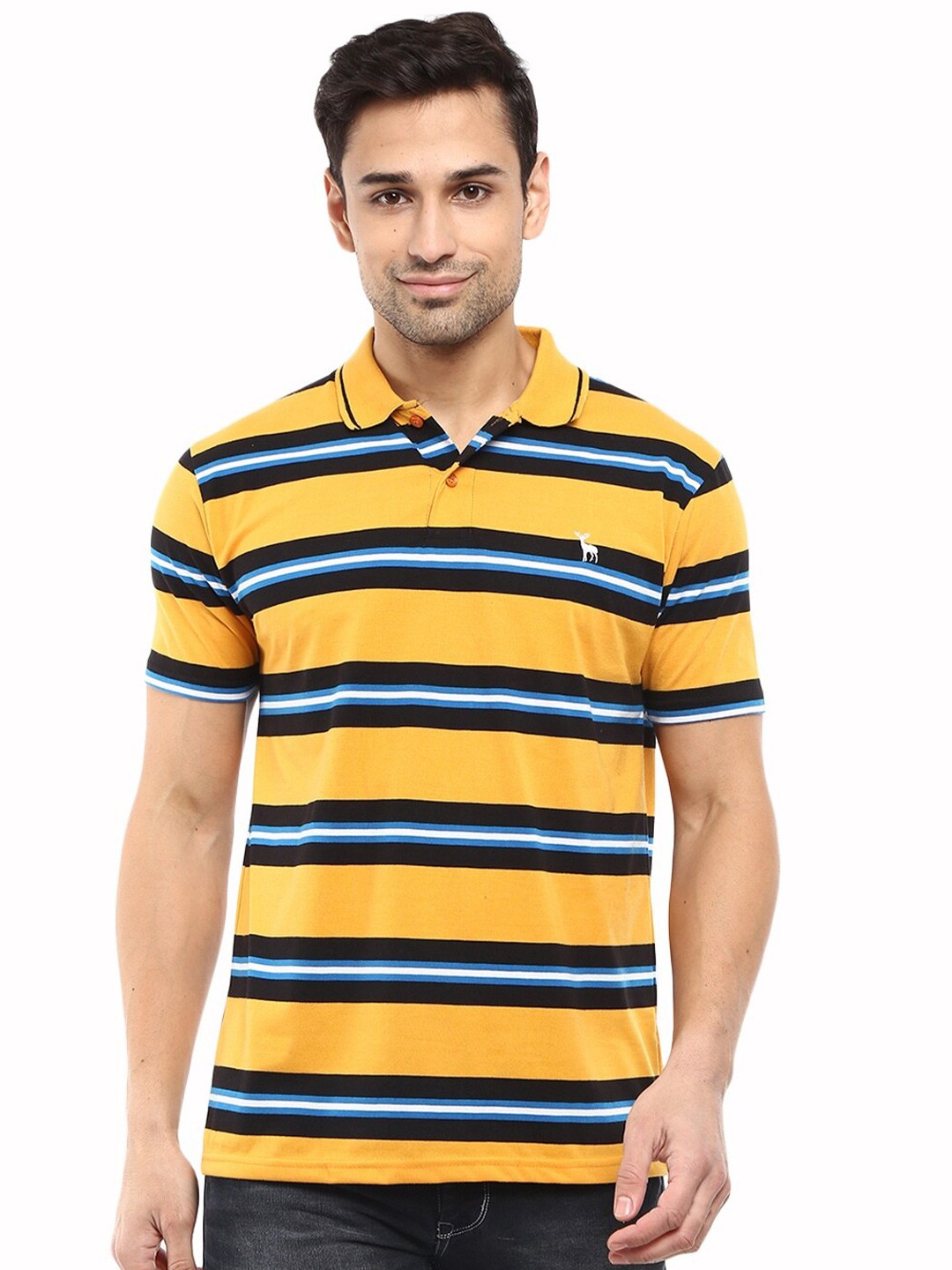 

V-Mart Men Mustard Yellow & Blue Pure Cotton Striped Polo Collar T-shirt