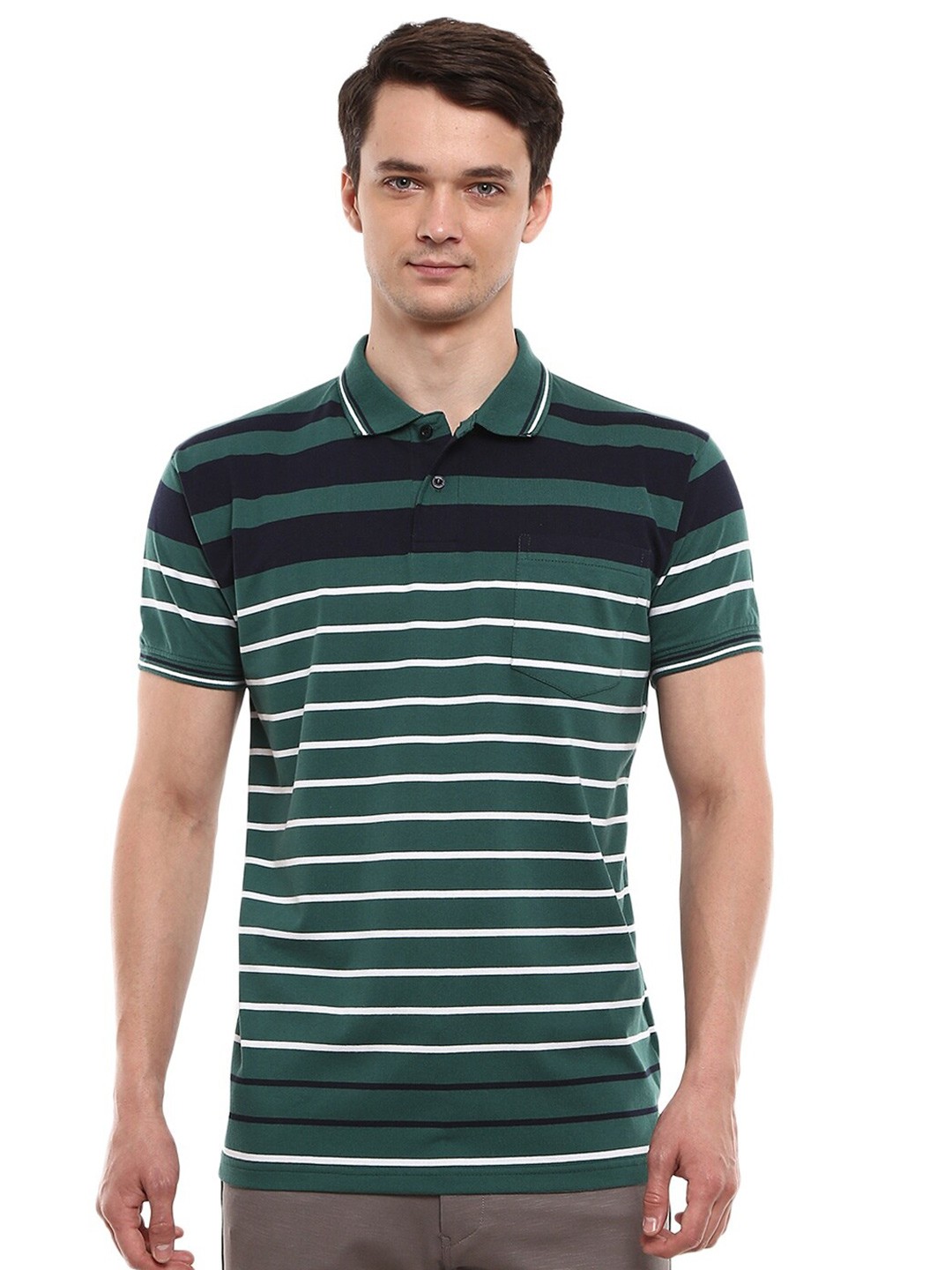 

V-Mart Men Olive Green & White Striped Polo Collar T-shirt