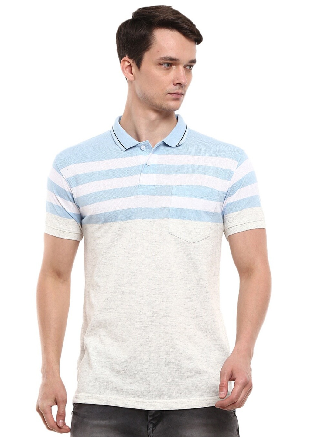 

V-Mart Men White & Blue Striped Polo Collar T-shirt