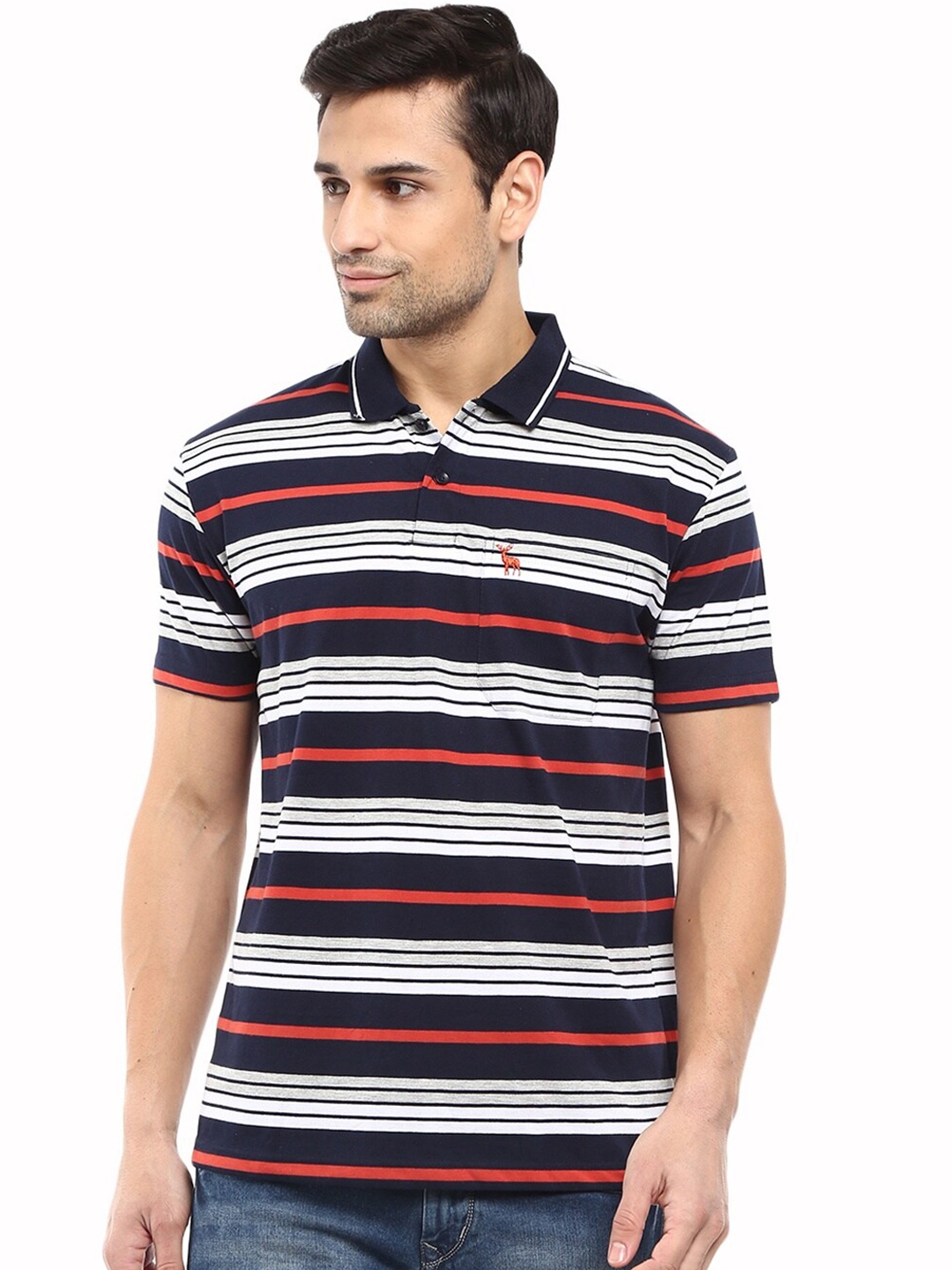 

V-Mart Men Navy Blue & White Striped Polo Collar T-shirt