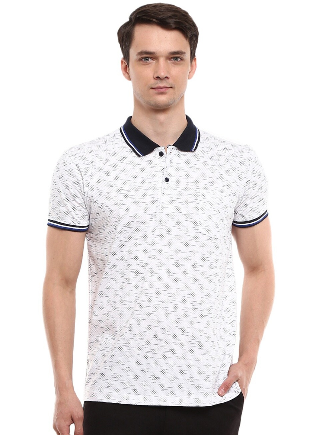 

V-Mart Men White & Blue Ditsy Printed Cotton Polo Collar T-shirt
