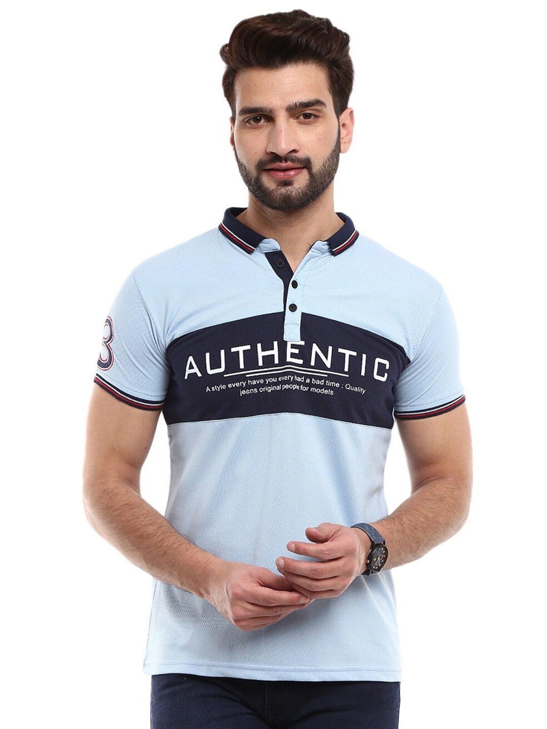 V-Mart Men Blue Colourblocked Polo Collar Slim Fit T-shirt