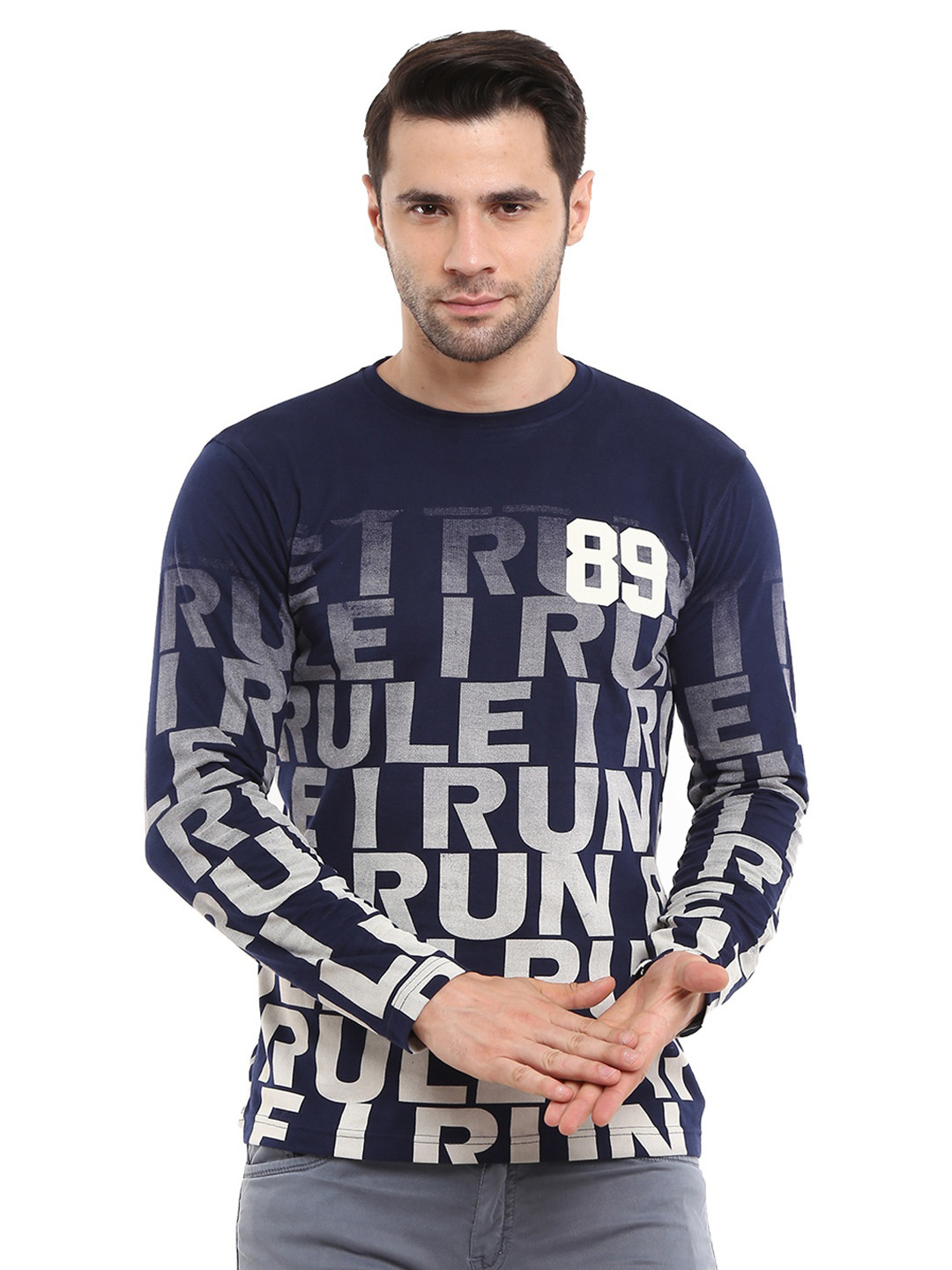 

V-Mart Men Navy Blue & Grey Typography Printed Slim Fit T-shirt