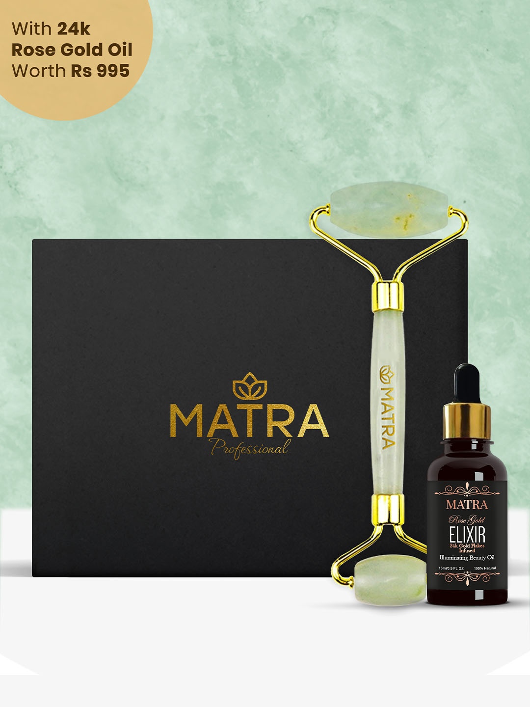 

MATRA Pure Jade Roller Massager with Free 24k Rose Gold Beauty Oil 15 ml, Green