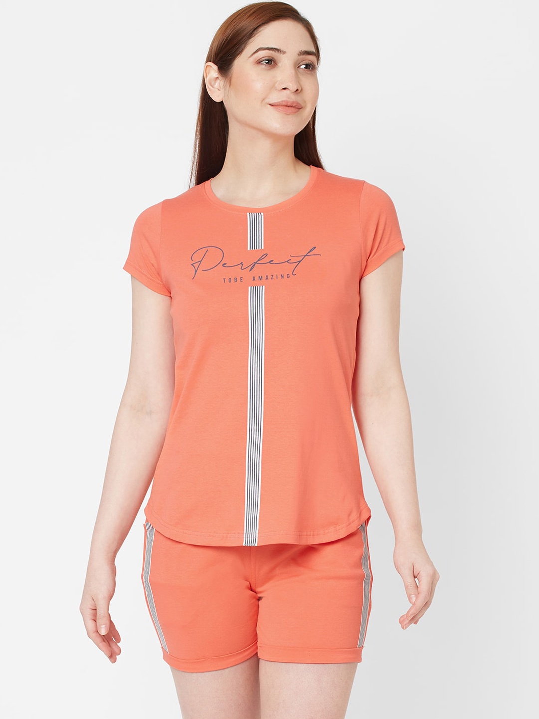 Sweet Dreams Women Coral Orange Printed Night Suit