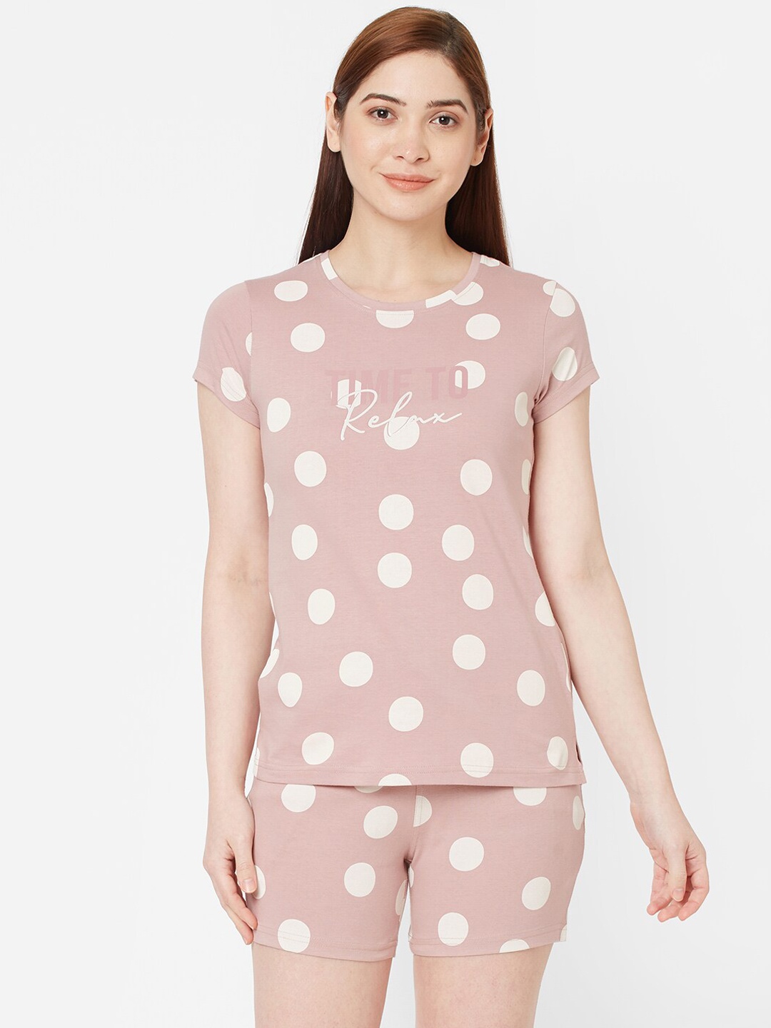 

Sweet Dreams Women Peach-Coloured & White Printed Night suit