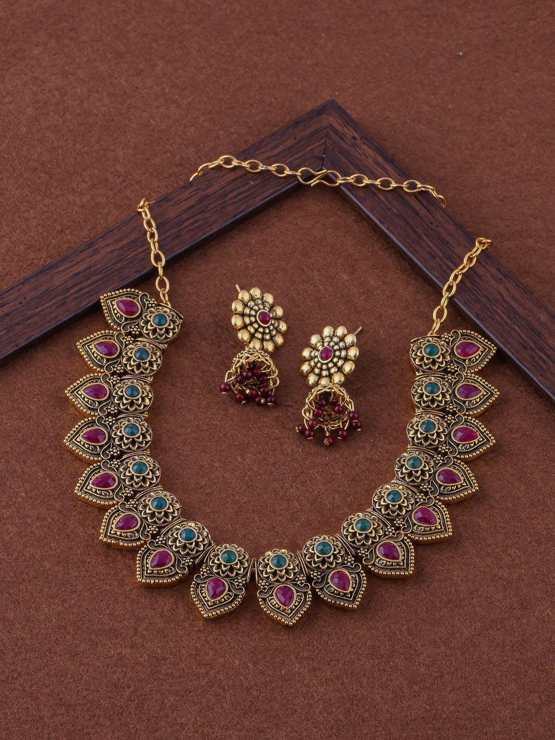 

Brandsoon Gold-Plated Pink & Teal Blue Kundan Beaded Jewellery Set