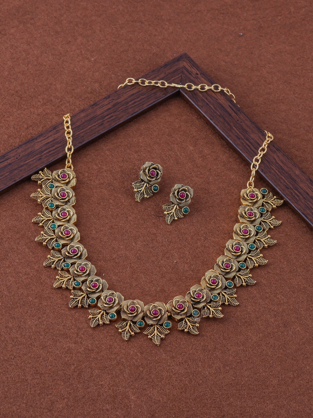 

Brandsoon Gold-Plated Pink & Green Kunda-Studded Jewellery Set
