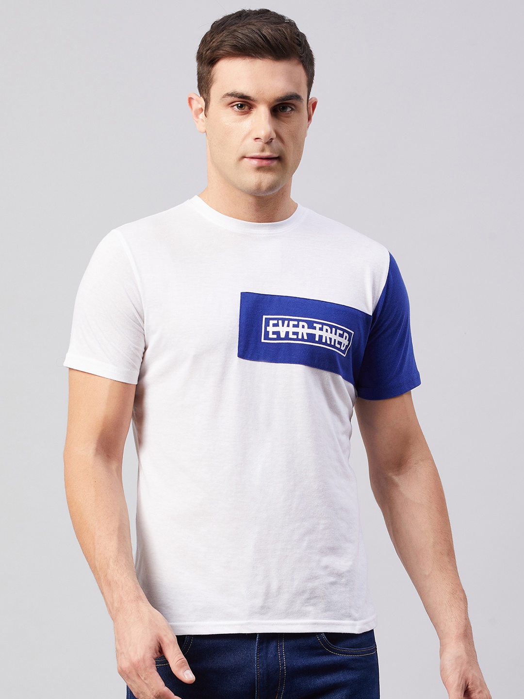 

GRITSTONES Men White & Blue Typography Applique T-shirt