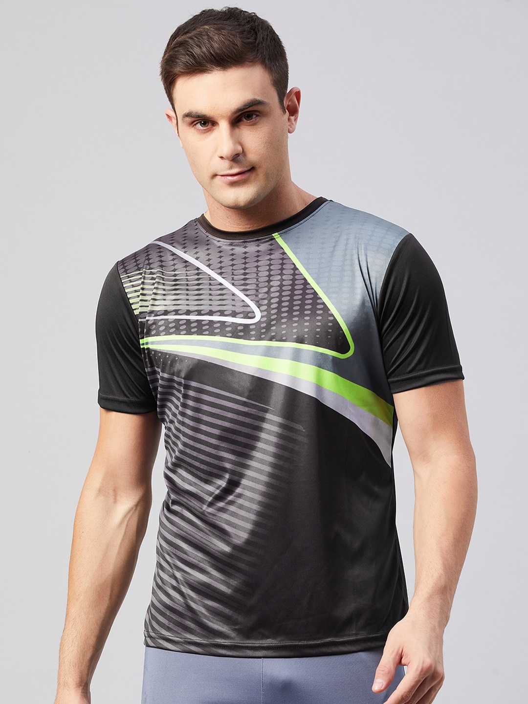 

GRITSTONES Men Charcoal & Green Striped Training or Gym T-shirt