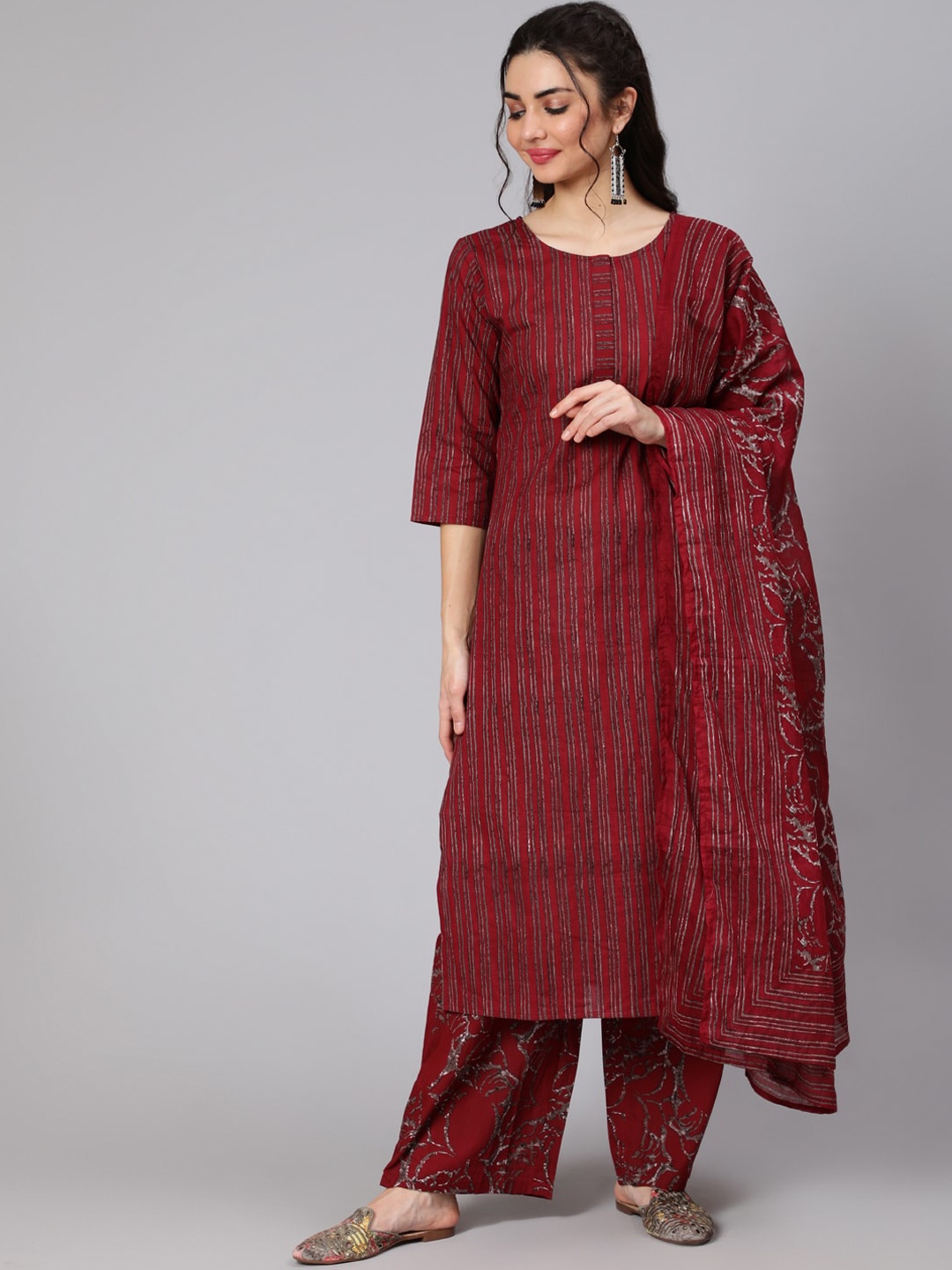 

Nayo Women Maroon & Coffee Brown Screen Print Cotton Straight Kurta Palazzos Dupatta