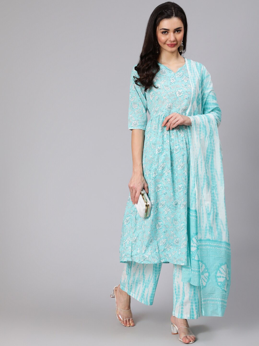 

Nayo Women Blue Floral Printed Gathered Kurta With Palazzo & Dupatta