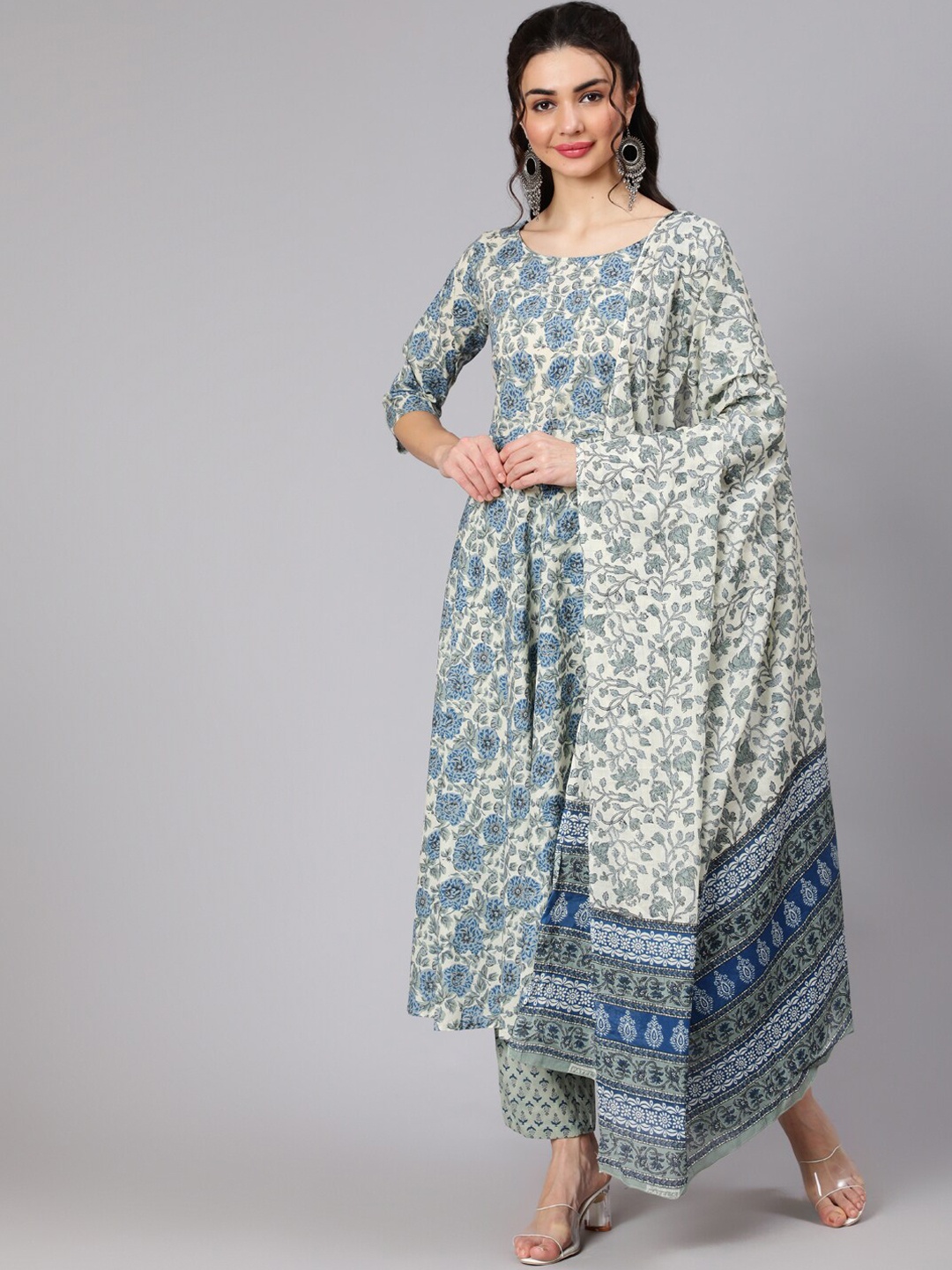 

Nayo Women Blue Floral Printed Flared Kurta With Trouser And Dupatta