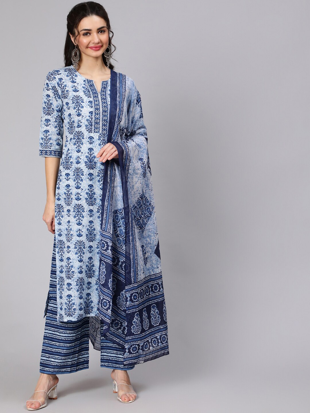 

Nayo Women White & Blue Ethnic Motifs Screen Print Cotton Straight Kurta Palazzos Dupatta