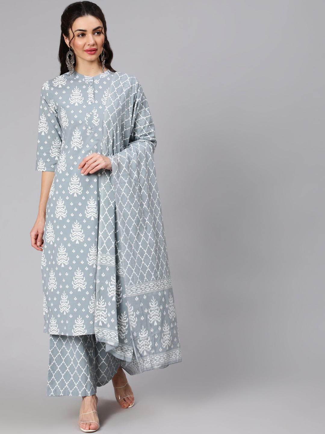 

Nayo Women Grey Ethnic Motifs Printed Pleated Pure Cotton Kurta with Palazzos & With Dupatta