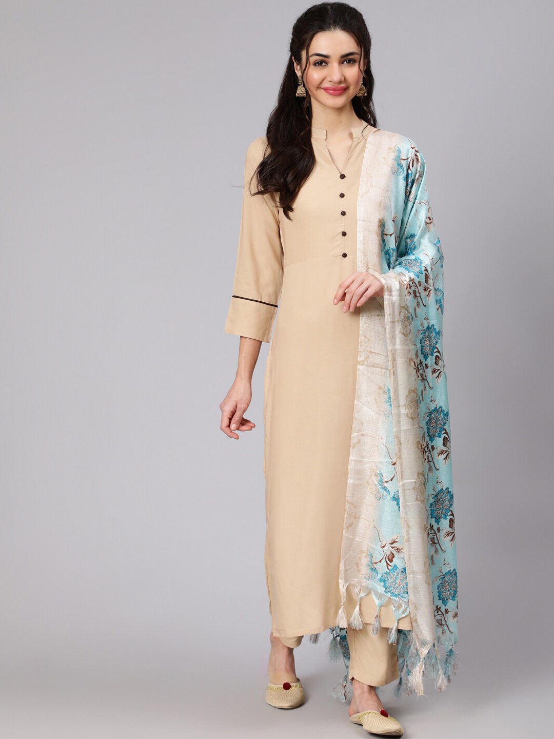 

Nayo Women Cream-Coloured Solid Straight Kurta with Palazzos & With Dupatta