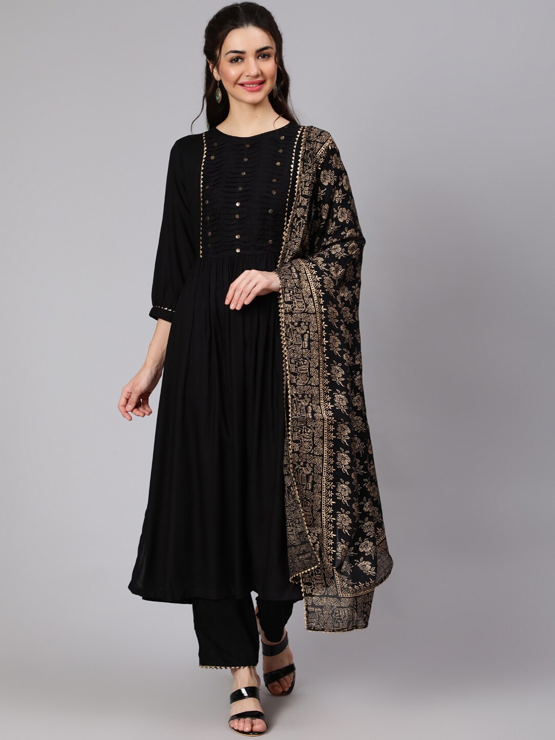 

Nayo Women Black Empire Pure Cotton Kurti with Trousers & With Dupatta