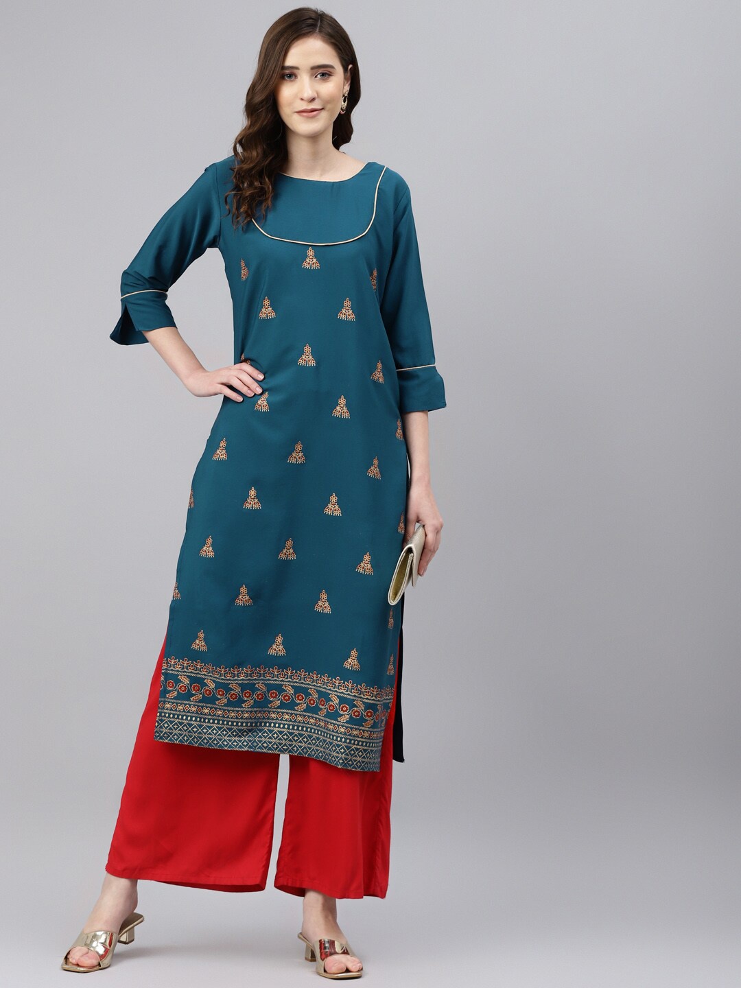 

Somras Women Teal Blue & Golden Ethnic Motifs Printed Straight Kurta