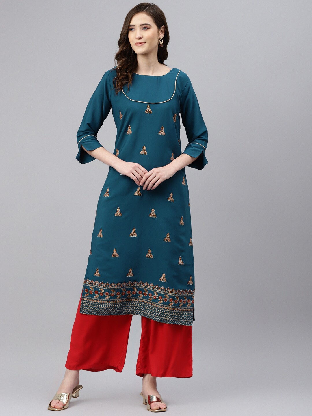 

Somras Women Teal Blue & Golden Ethnic Motifs Printed Straight Kurta