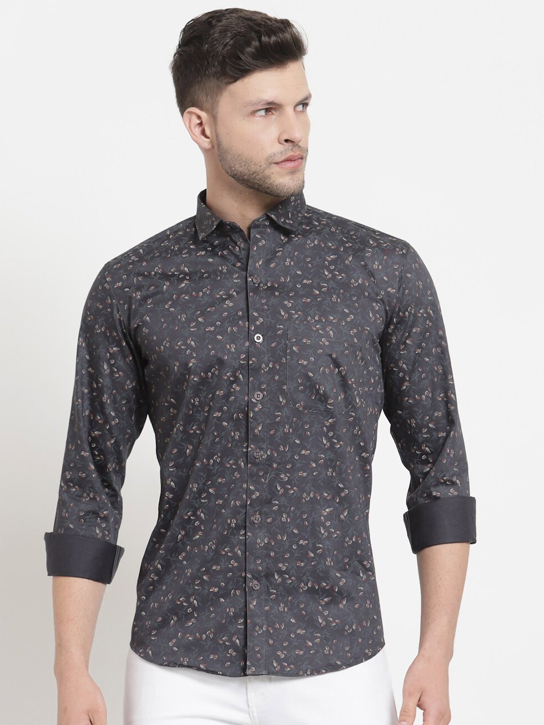 

Emerals Men Charcoal Grey & Brown Standard Floral Printed Casual Shirt