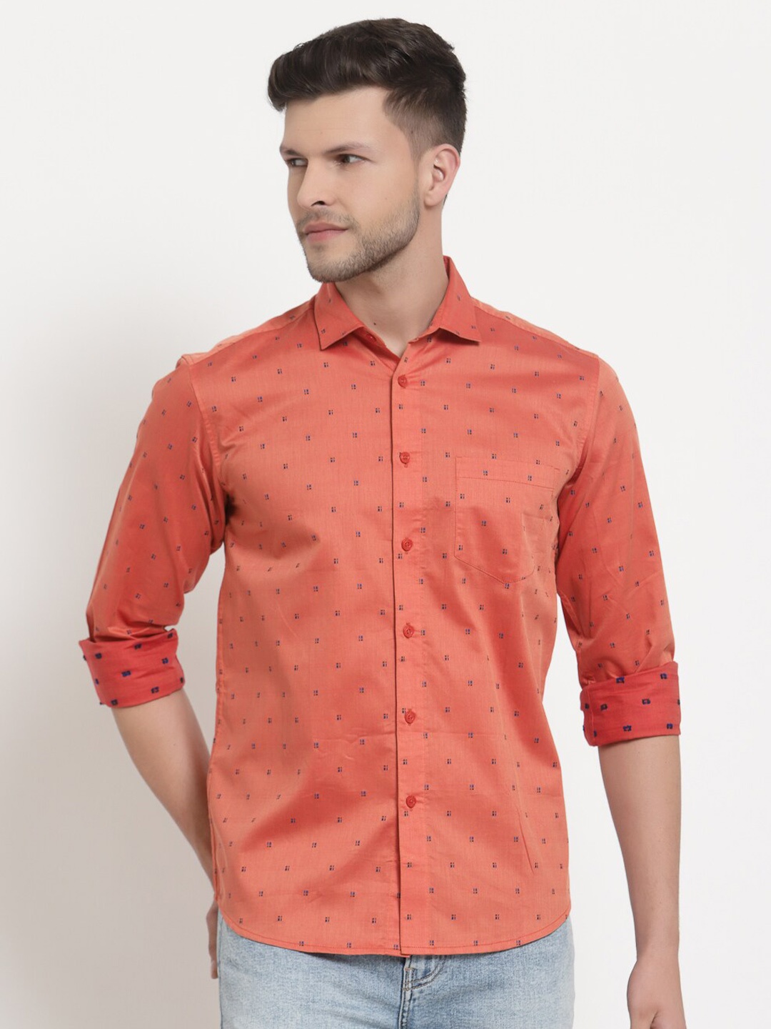 

Emerals Men Orange & Navy Blue Standard Printed Casual Shirt