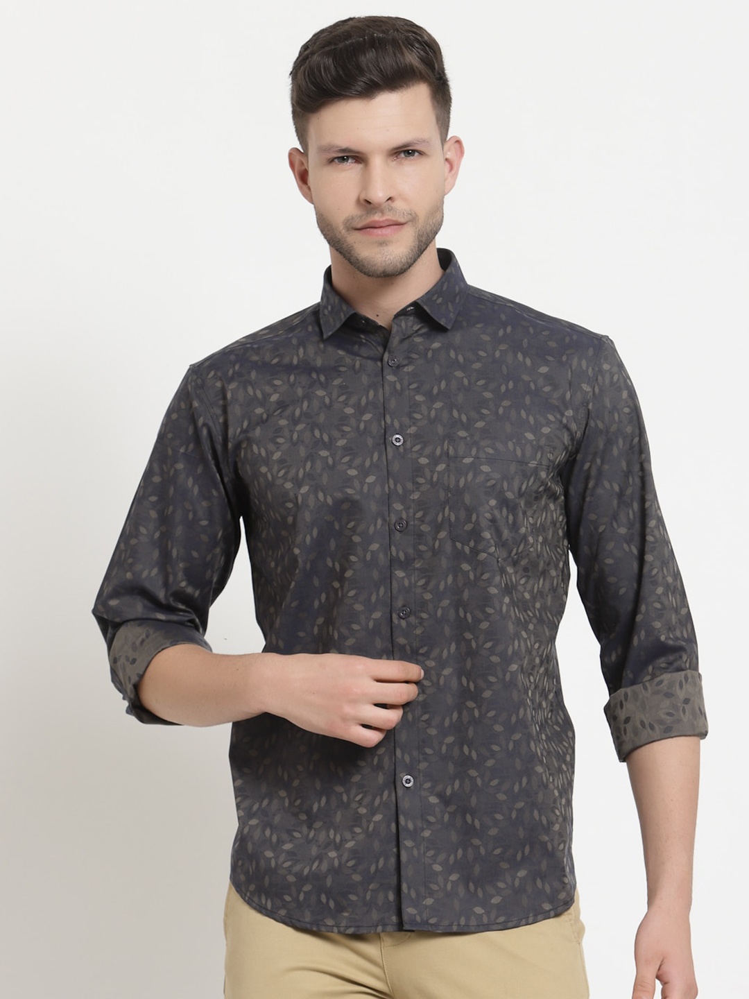 

Emerals Men Charcoal Grey & Beige Standard Floral Printed Organic Cotton Casual Shirt