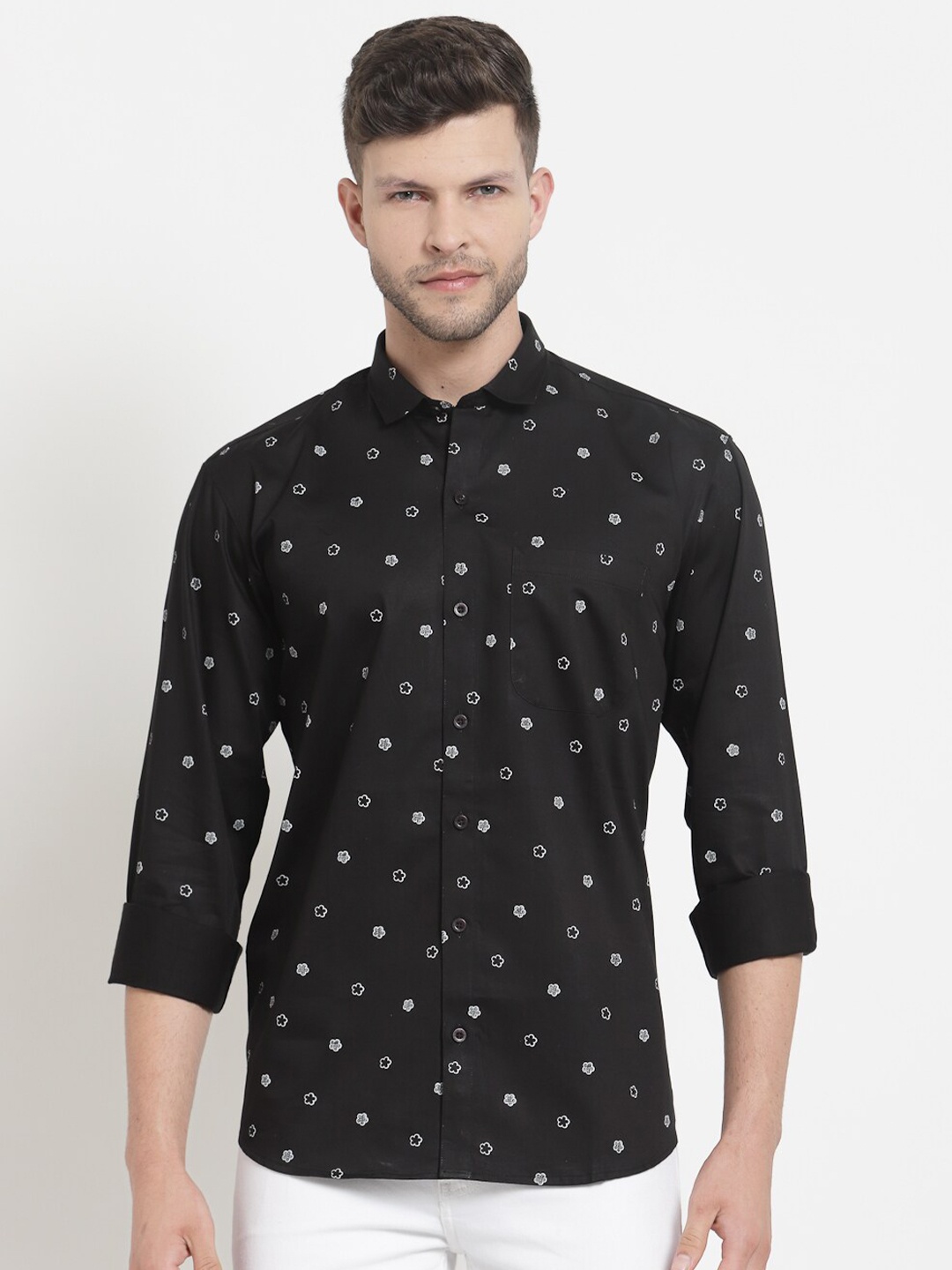 

Emerals Men Black & White Standard Ditsy Floral Printed Cotton Casual Shirt