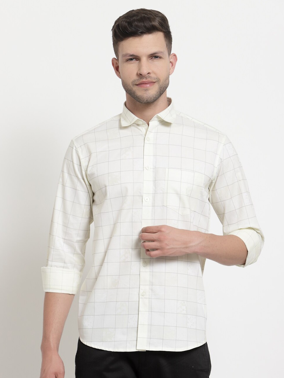 

Emerals Men Off White & Grey Pure Cotton Windowpane Checked Casual Shirt