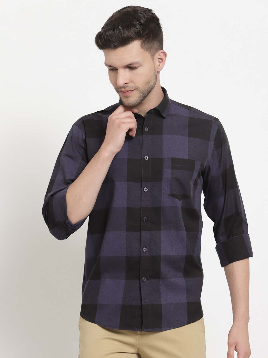 

Emerals Men Navy Blue Standard Buffalo Checked Organic Cotton Casual Shirt