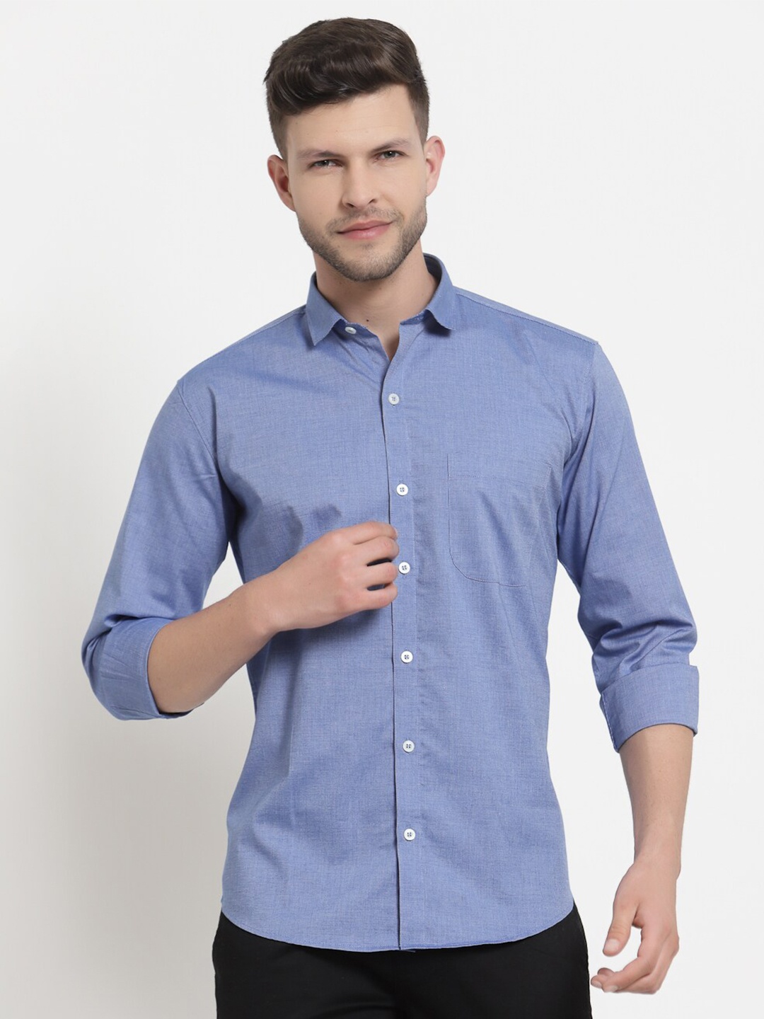 

Emerals Men Blue Solid Pure Cotton Standard Semiformal Shirt