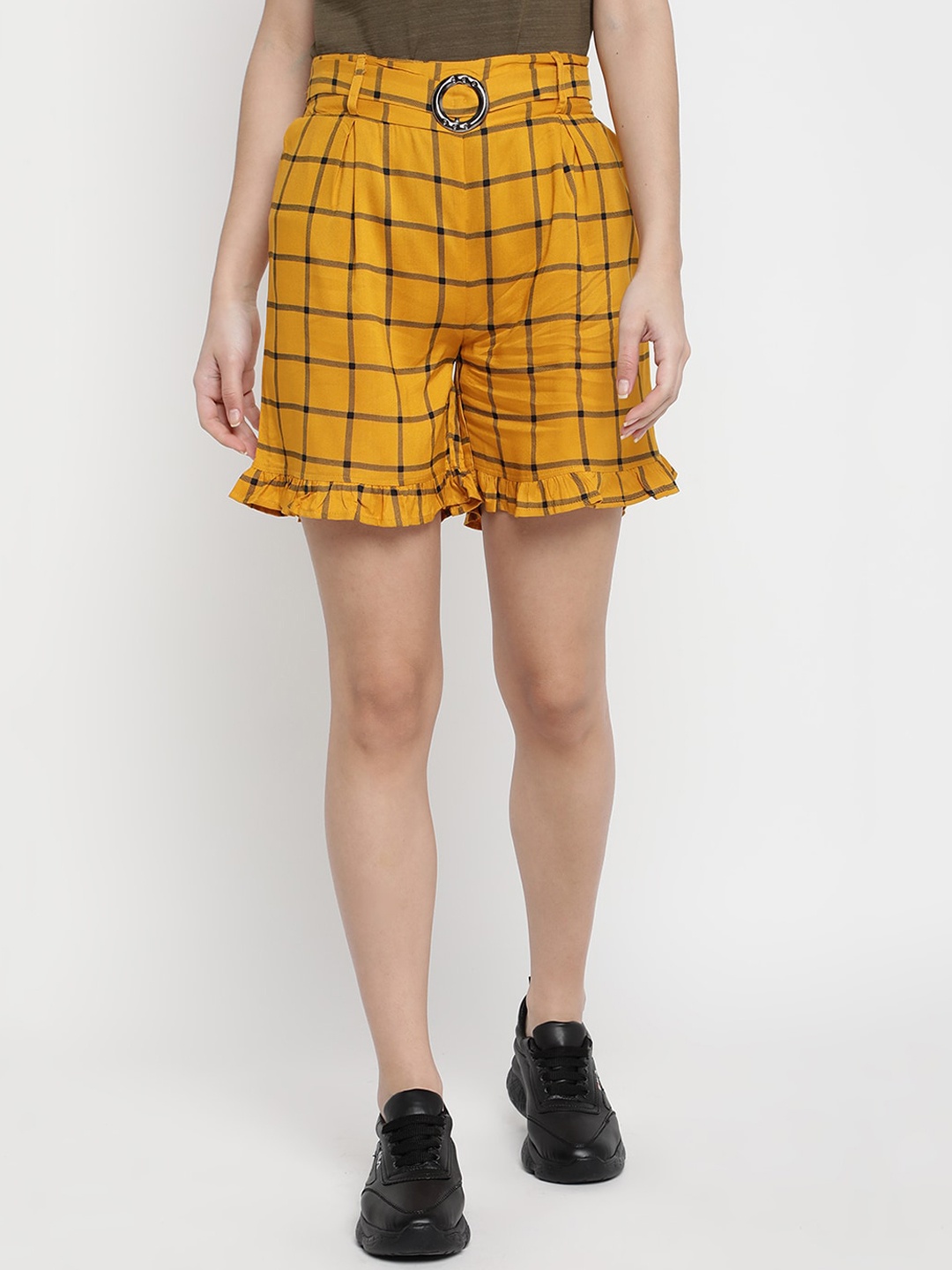 

V2 Value & Variety Women Mustard Yellow & Black Checked Ruffled Shorts with Belt Applique