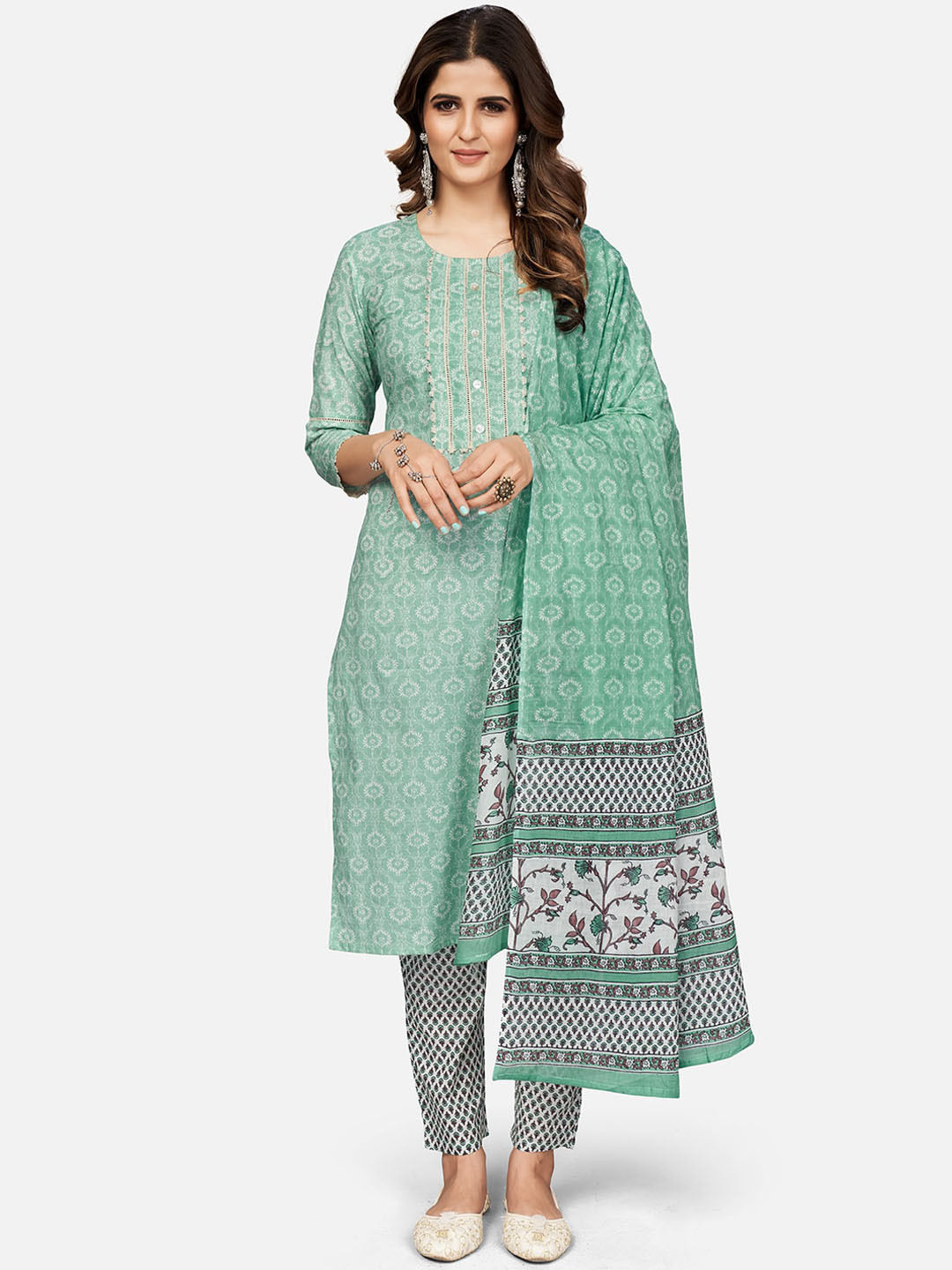 

Vbuyz Women Turquoise Blue Printed Panelled Gotta Patti Pure Cotton Kurta with Trousers & With Dupatta