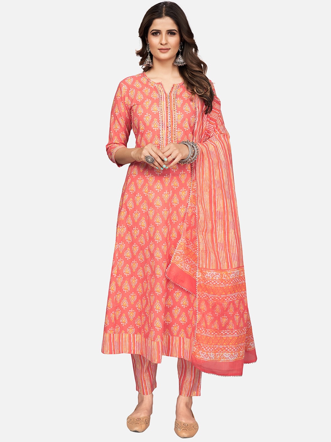 Vbuyz Women Peach-Coloured & White Ethnic Motif Print Cotton A-Line Kurta Trousers Dupatta