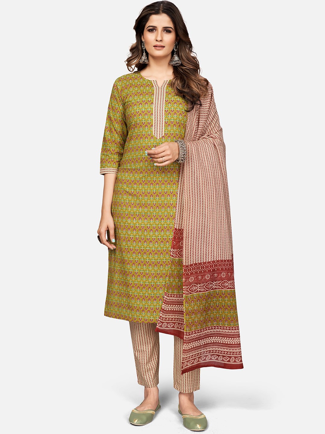 

Vbuyz Women Yellow Printed Pure Cotton Kurti with Trousers & With Dupatta