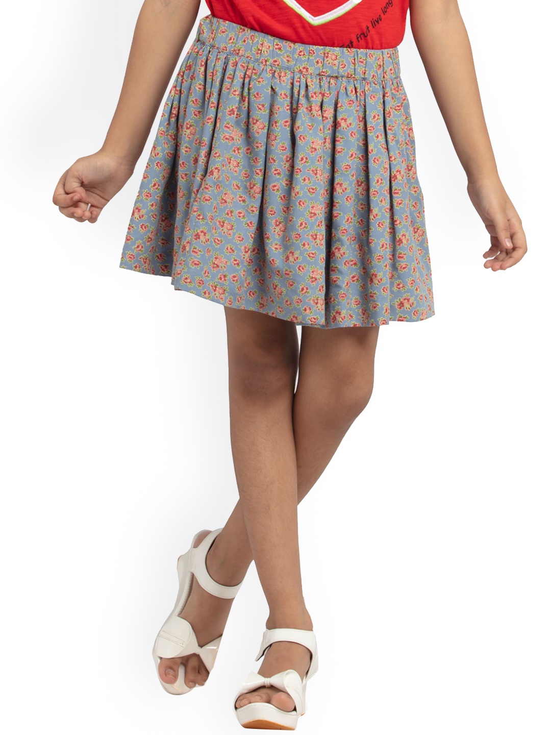 

UNDER FOURTEEN ONLY Girls Grey & Red Floral Printed Pure Cotton Flared Skirt